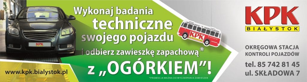 Baner OSKP informujący o tym, że można otrzymać zawieszkę zapachową z Ogórkiem za wykonanie przeglądu